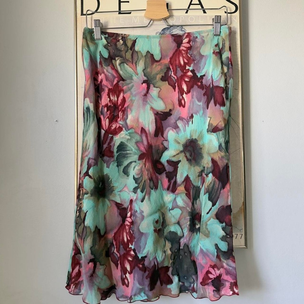 Watercolor Floral Chiffon Midi Skirt Aqua Burgundy Fairy Whimsigoth Womens M/L